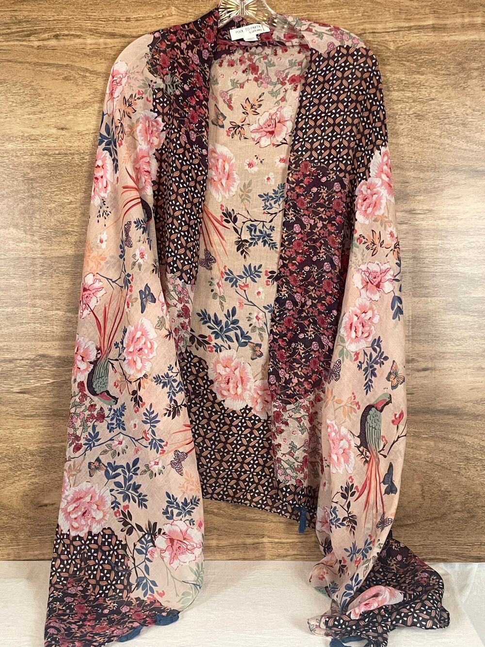 Pool To Party Subtle Luxury Sarong Scarf One Size Floral Peacock Tassel Wrap